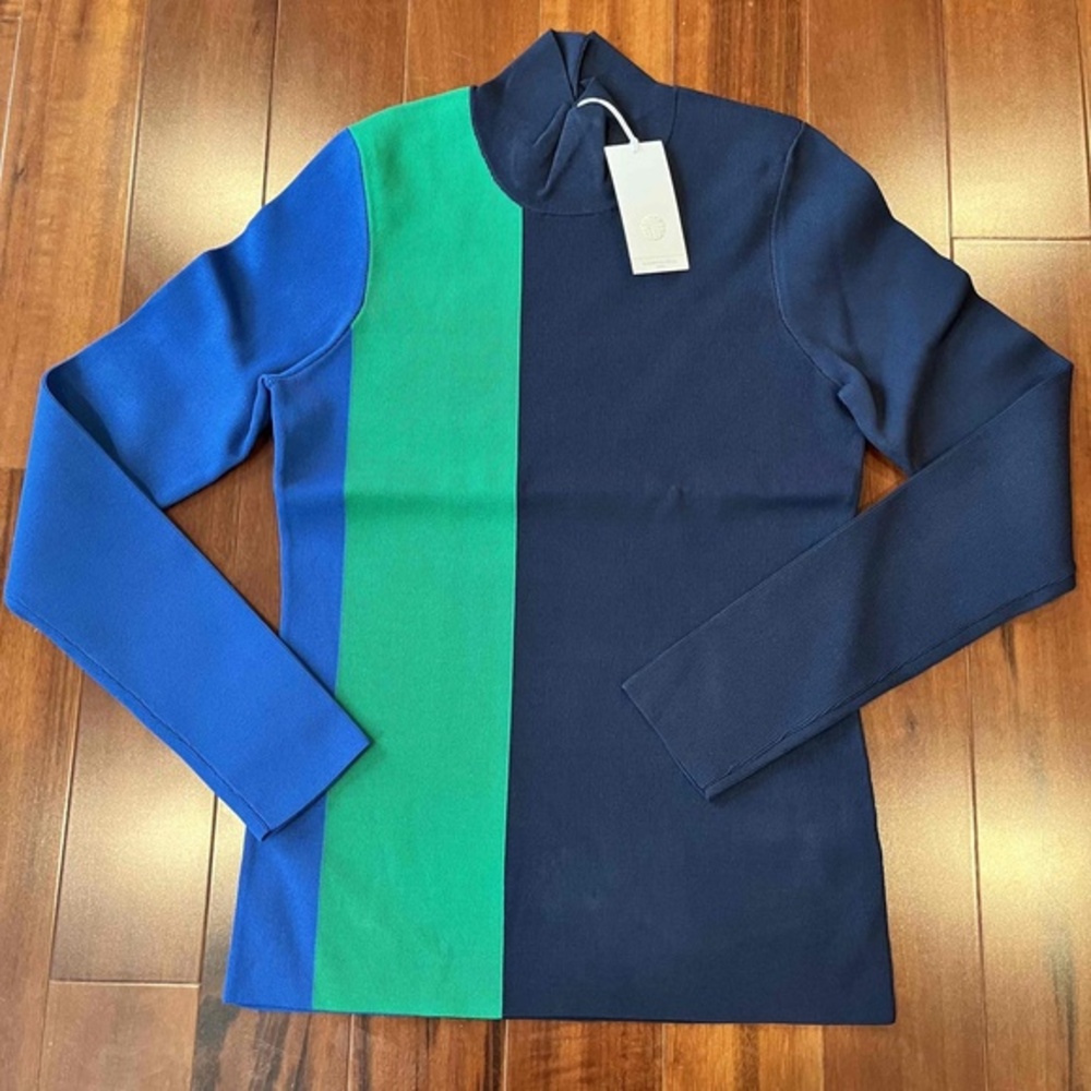 Tory Burch Sport Sweater Navy Blue Colorblock‎ Tech Knit Turtleneck Mockneck XS